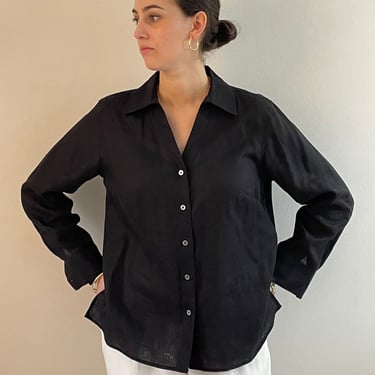 Y2K linen blouse / vintage black Irish linen button down shirt blouse tunic | Extra Large 