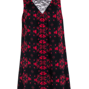 Alice & Olivia - Black & Red Floral Print Sleeveless Shift Dress w/ Lace Middle V Sz 6