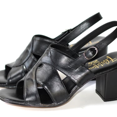 Unworn 1960s Mod Black Leather Block Heel Ankle Strap Sandal Made in Italy - Vintage Flirtations Women's Shoes - Size 6 