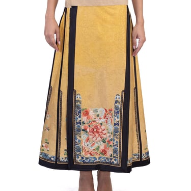 Victorian Yellow Hand Embroidered Silk Antique Chinese Skirt 