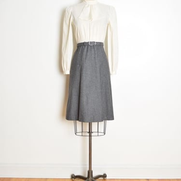 vintage 80s secretary dress cream gray wool jabot ascot belted modest geek XS clothing 