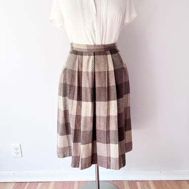 SIZE L 1970s Brown Wool Plaid Skirt / 80s Brown and Cream Plaid Skirt / Fall Plaid Skirt Pleated Light Academia 