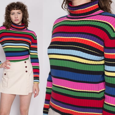 Petite Large Y2K Rainbow Striped Knit Turtleneck | Vintage Long Sleeve Fitted Sweater Top 