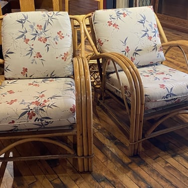 Rattan Chair w Ivory Floral Cushions
