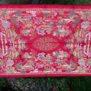 Red Brocaded Flowers Chinese Embroidery Tapestry Linen Fabric Fringe Tablecloth China Label 