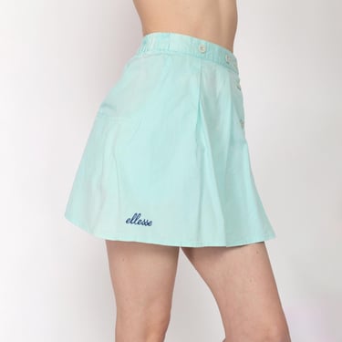 XS 80s Ellesse Aqua Blue Mini Tennis Skirt | Vintage Pleated High Waisted Preppy Miniskirt 