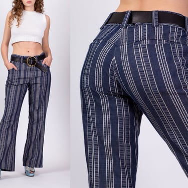 70s Blue Striped High Waisted Trousers - Men's Medium, Women's Large, 33" | Vintage Unisex Retro Straight Leg Pants 