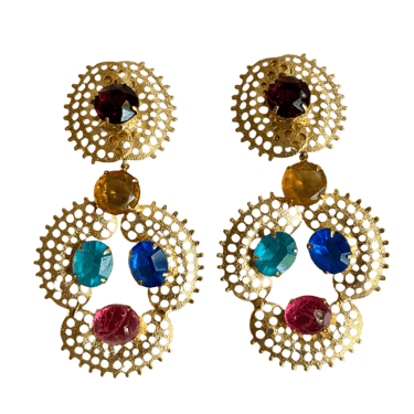 80s Jeweled Gold Filagree Statement Earrings