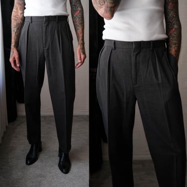 Vintage 90s POLO Ralph Lauren Blue Label Charcoal Cotton & Wool Twill Flannel Double Pleated Cuffed Slacks | 1990s RL Designer Mens Pants 