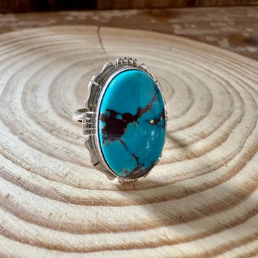 BOLD BLUE NAVAJO Kingman Turquoise and Sterling Silver Ring | Norvin Johnson, N J hallmark | Navajo Native American Southwestern | Size 7 