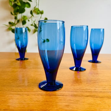 Vintage Cobalt Blue Glass Drinkware Set of Four  - Mid Century Glassware 
