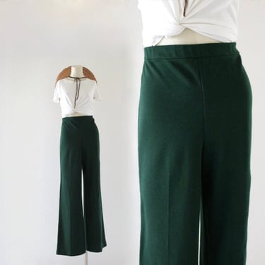 70's forest trousers 28-30 vintage womens dark green high waist boho hippie flat front straight bootcut bell acrylic size 6 7 pants 