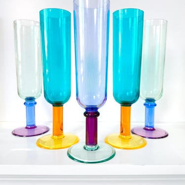 RARE PrecisionCraft Acrylic Flutes, Set of 5 Vintage Champagne Glasses Retro Memphis Postmodern Plastic Patio Stemware 90s Aqua Green Blue 