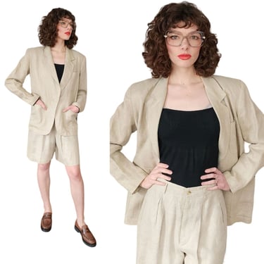 80s Calvin Klein Shorts + Blazer Suit Set Beige Linen 
