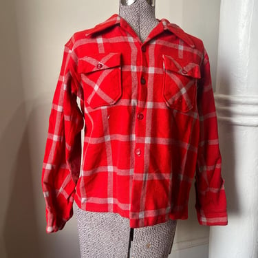 40’s red/orange & grey wool plaid loop neck flannel with leather elbow pads 