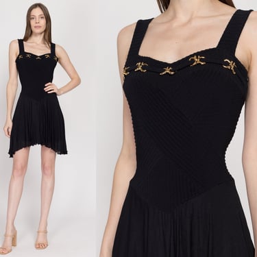 Small 90s Black Gold Chain Mini Party Dress | Vintage Pati-Pat Paris Fit & Flare High Low Hem Dress 