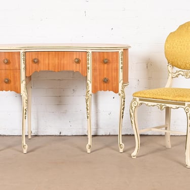 Romweber French Rococo Louis XV Satinwood Parcel Painted Vanity and Chair, Circa 1930s