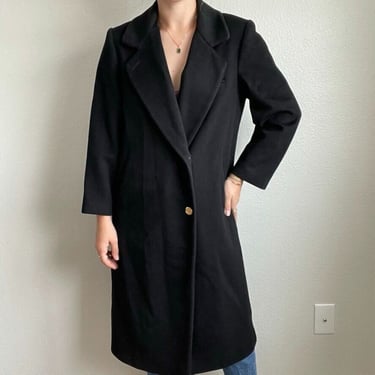 Vintage Womens 90s Black 100% Wool Minimalist Winter Trench Coat Sz M 