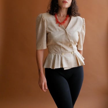 Vintage 80s Ivory Silk Peplum Blouse with Ribbing/ Size Medium 