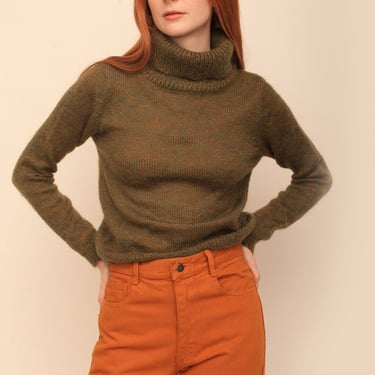 Vintage 1980s Olive Green Rainbow Mohair Wool Turtleneck Cropped Sweater 