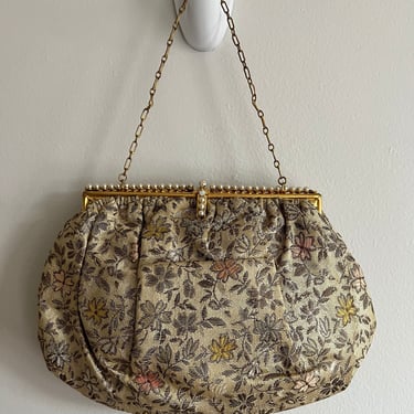vintage 1930s floral lame purse with chain handle & faux pearls 