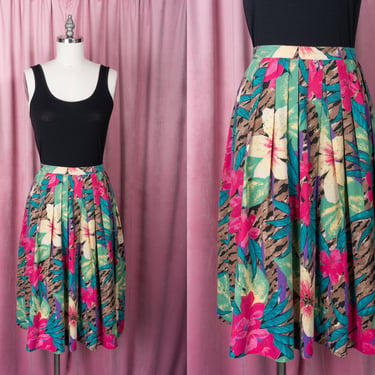 Vintage 1980s Bold Floral and Animal Print Cotton Skirt with Pockets 