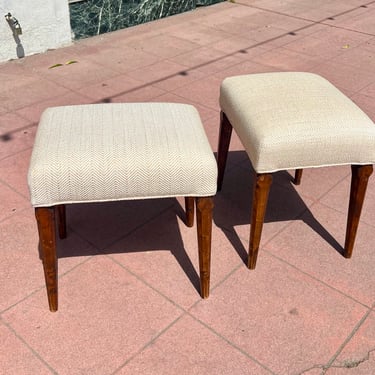 Pair of Rustic Swedish Modern Stools Wood Carved Legs New Upholstery