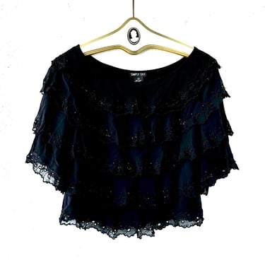 Vintage 90s Y2k Beaded Silk Shirt 1990s Tiered Ruffle Black Lace Cutout Top 