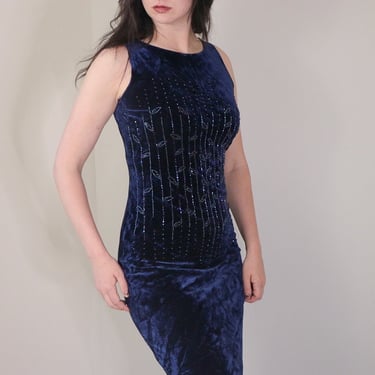 90s Beaded Dress/ Vintage Crushed Velvet Dress/ Dark Blue Fitted Formal Dress/ Hand Beaded Dress/ Size Medium 
