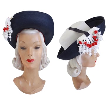 1960s Jack McConnel Red White & Blue Breton Hat - Vintage Jack McConnell Hat - Vintage Navy Breton Hat - Vintage Straw Breton Hat - 60s Hat 