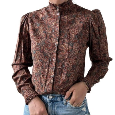 Vintage 1970s Womens Floral Paisley Cotton Made in Ireland Long Sleeve Blouse 