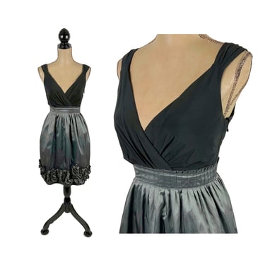 S - Y2K Black & Gray Party Cocktail Dress with Pockets, Short Formal Wedding Guest, V Neck Sleeveless Midi, 2000s Clothes Women Small Size 6 