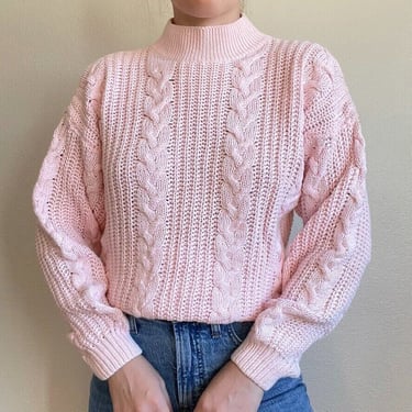 Vintage 80s Womens Casual Corner Light Pink Cotton Preppy Fisherman Sweater Sz S 