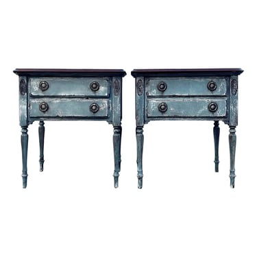 Ethan Allen Hand Painted Gustavian Style Two Drawer Nightstands - a Pair 
