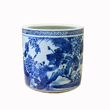 Chinese Blue & White Porcelain Flower Birds Scenery Brush Holder Pot ws2033E 