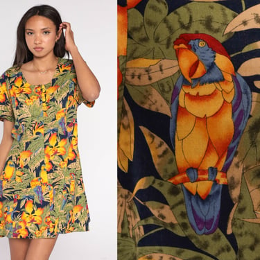 Tropical Mini Dress 90s Parrot Bird Leaf Floral Print Dress Button up Short Sleeve Fit and Flare Bird of Paradise Vintage 1990s Large L 
