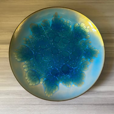 Vintage 8" Handmade By KAREKA Copper Enameled Dish, Signed, Turquoise & Blue-Green Enamel Dish, MidCentury Modern enamel 