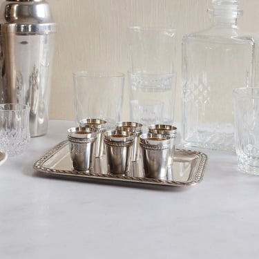 1930s French silver liqueur glasses and tray, set of 6