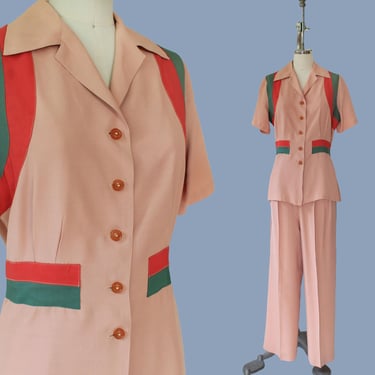 Rare 1940s Pant Set / 40s Color Block Gabardine Slacks and Button Front Blouse / Two Piece Outfit / PINK Watermelon 