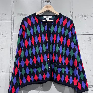 L 90s Segue Button Up Knit Sweater Womens Green Vintage Cardigan diamond pattern Grandma Cute Cottage Holiday Christmas 