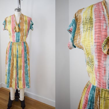 Vintage Early 1950s Novelty Print Silk Dress | S | 1940s/1950s Candy Pastel Color Retro Striped Day Dress 