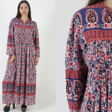 Bell Sleeve India Block Print Dress, Vintage Middle Eastern Tent Sundress, Ethnic String Tie Bib Bodice With Pockets 