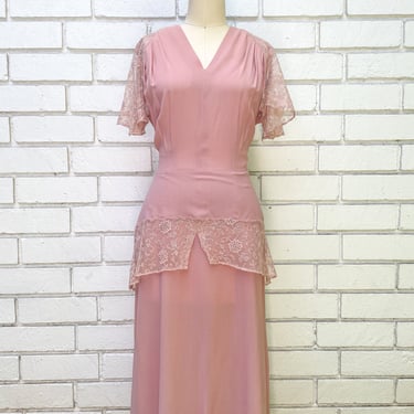 Vintage 1940s Rayon Dress In Powder Pink with Illusion Peekaboo Lace, Peplum and Flutter Sleeves 