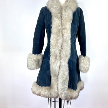 Vintage 70s Blue Suede Penny Lane Coat Jacket / GasTown Talk 1970s Shearling Fur Trimmed Collar Cuffs Sexy XS Small Medium Disco Boho Hippie 