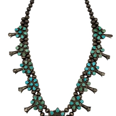 Zuni 50s Petit Point Turquoise & Silver Squash Blossom Necklace