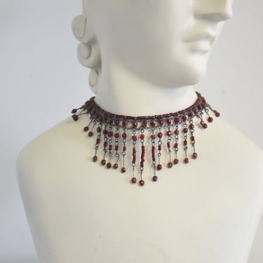 1990s Deep Red and Gunmetal Beaded Choker Necklace 