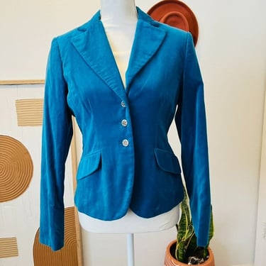 Vintage Blue Velvet Fitted Triple Embellished Button Spring Blazer 