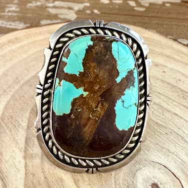 CUTE CATTLE Chimney Butte Handmade Navajo Large Ring Sterling Silver, Turquoise | Native American Statement Jewelry Southwest | Size 8 1/4 