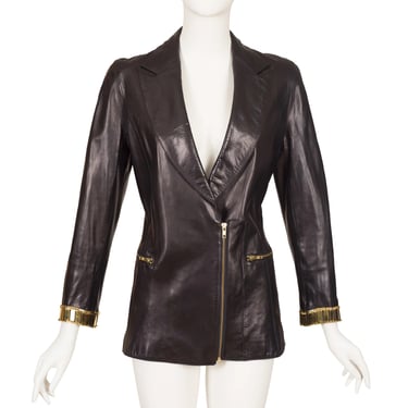 Claude Montana for Ideal Cuir 1992 S/S Vintage Gold-Tone Cuff Black Leather Zip-Up Jacket Sz XS 