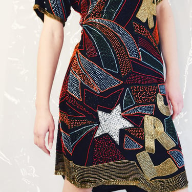 NOVELTY Vintage 80s Graphic Beaded Sequin Silk Dress Star Rock Black Asymetrical Hem Sz S 